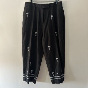 Paraphrase Womens Linen Crop Ankle Pants Embroidered Palm Trees Black Plus Sz 16